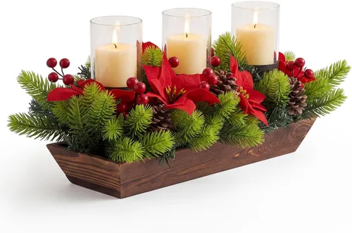 Vista 10 de Centro de mesa navideño de 3 pilares con portavelas de Navidad, bayas rojas artificiales, conos de pino y base de acero, arreglo de bayas