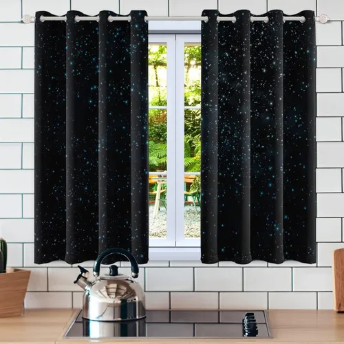 Vista 17 de Cortinas opacas de color azul marino para dormitorio de 84 pulgadas de largo con diseño de universo de dibujos animados, planeta, sala de estar