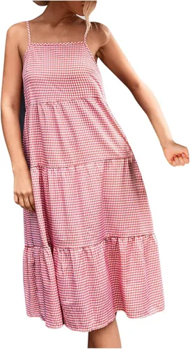 Vista 4 de Vestido largo de verano para mujer, sexy, sin mangas, sin espalda, tirantes delgados, vestido casual a cuadros con fruncido