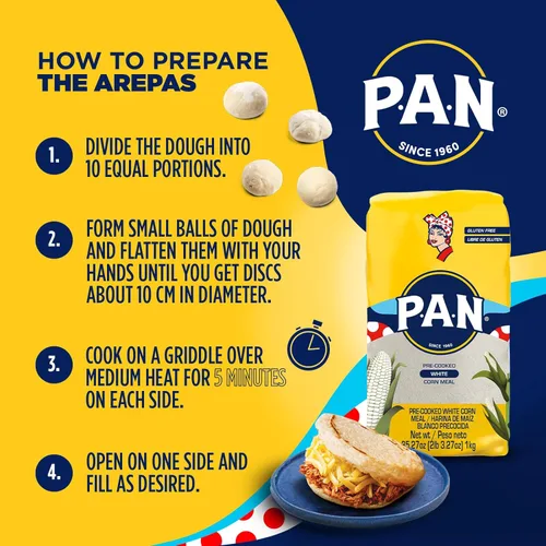 Vista 6 de P.A.N. Harina de Maíz Blanco - Harina Precocida sin Gluten y Kosher para Arepas, 1 kg (35 oz / 2 lb 3.3 oz)
