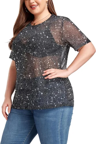 Vista 3 de ForHailey Blusa de manga corta transparente de malla para mujer, talla grande