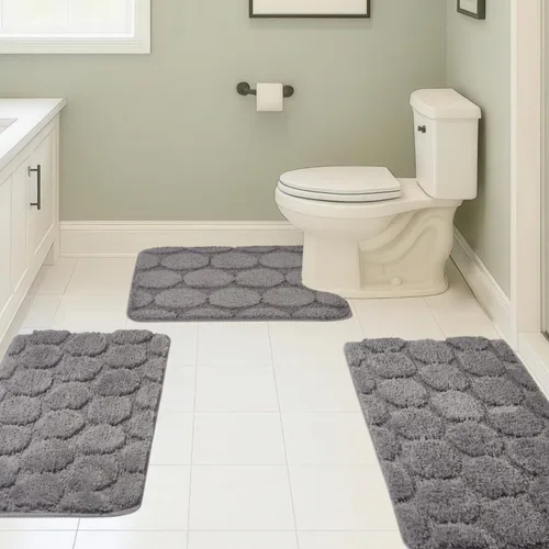 Vista 31 de Juego de 3 alfombras de baño suaves y absorbentes, peludas, suaves, antideslizantes, para ducha, bañera y bañera, lavables a máquina