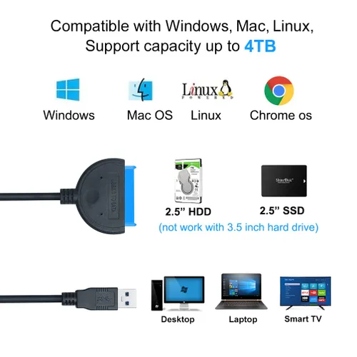Vista 2 de DTECH Cable adaptador SATA a USB 3.0 para disco duro SSD HDD de 2.5 pulgadas a computadora PC portátil 5Gbps Superspeed compatible con conector SATA
