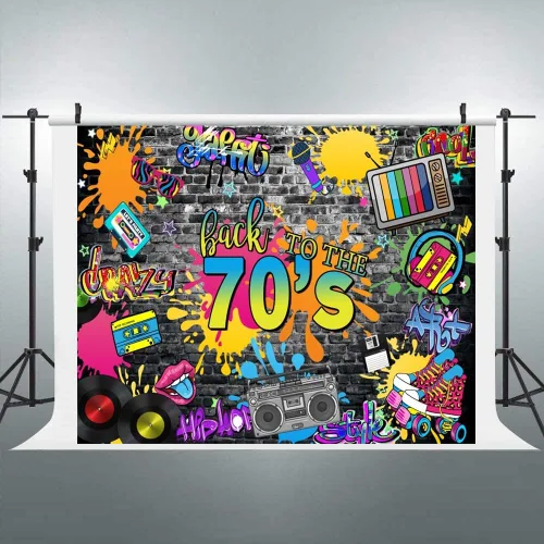 Vista 6 de Telón de fondo de los años 70 para fiestas, hip hop, rock, discoteca, fiesta de cumpleaños, fondos de fotos retro, graffiti, fondo de pared