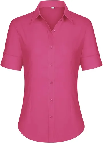 Vista 11 de siliteelon Camisas de vestir de manga corta con botones para mujer, camisas de algodón con botones para mujer, blusa ajustada de manga 3/4
