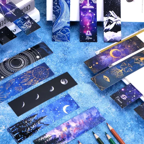Vista 5 de 200 marcapáginas de noche estrellada de espacio fresco para niños, aula, 50 diseños, marcadores a granel de doble cara con temática espacial