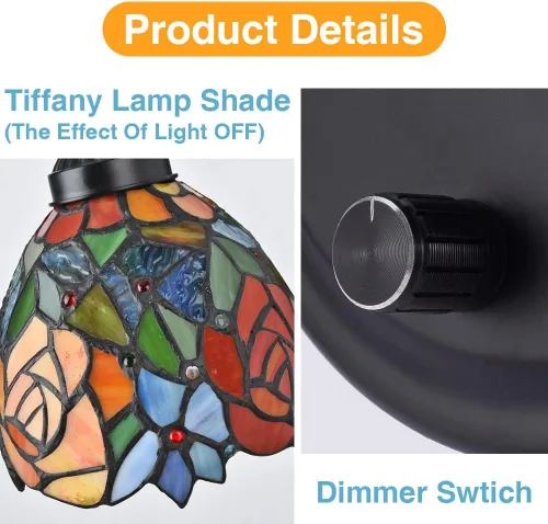 Vista 2 de Tiffany - Lámpara de pared para mesita de noche con interruptor regulable, aplique de pared de cuello de ganso vintage industrial con cable