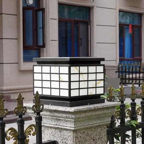 Vista 4 de Poste de lámpara solar Iluminación al aire libre Columna Luces de poste farol con imitación de mármol Pantalla Lámpara de poste exterior para patio