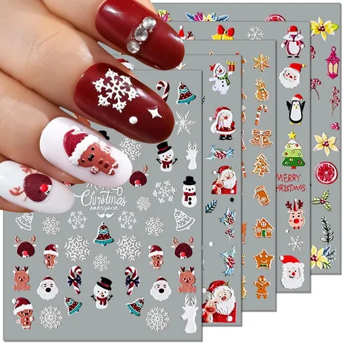 Vista 12 de 10 calcomanías de uñas de Navidad de invierno para mujeres, dibujos animados 3D, alce, muñeco de nieve, campanas de Papá Noel, copo de nieve