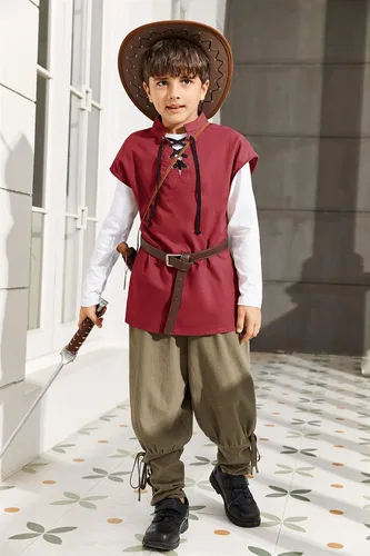 Vista 3 de Camisetas de pirata renacentista para niños, estilo vikingo, medieval, sin mangas, con cordones, de algodón escocés