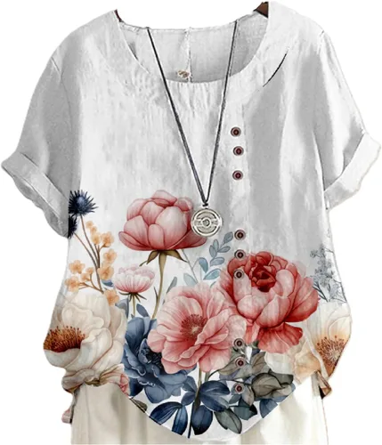 Vista 12 de domirica Camisetas de verano para mujer 2024 con estampado de flores, algodón, lino, manga corta, cuello redondo, camisas casuales de moda