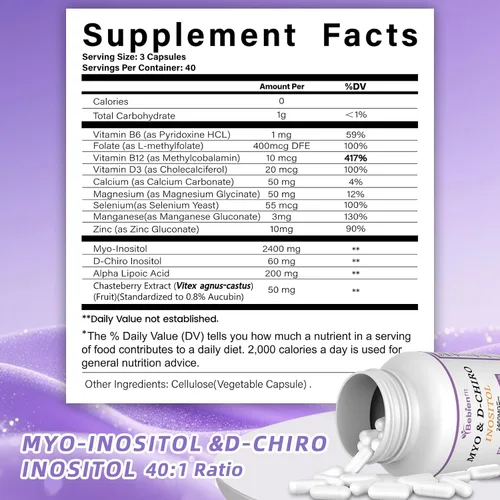 Vista 6 de 13-en-1 Myo Inositol & D-Chiro Inositol para Mujeres con PCOS, Equilibrio Hormonal, 2460mg-Relación 40:1, Salud Ovárica y Apoyo al Ciclo Suplemento
