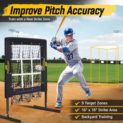 Vista 2 de PodiuMax Baseball Pitching Net, 9 Hole Pitching Net with Strike Zone, 5 Adjustable Heights Baseball Throwing Net for All Ages, Heavey Duty Solo