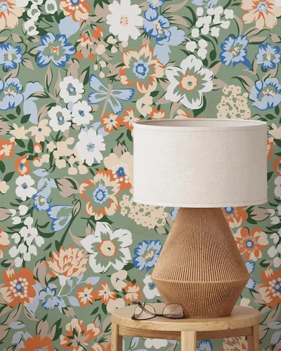 Vista 8 de Papel tapiz floral retro colorido, papel tapiz botánico autoadhesivo extraíble, papel tapiz floral para despegar y pegar