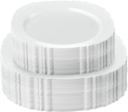 Vista 23 de PLASTICPRO Juego de 32 elegantes platos desechables de plástico que incluye 16 platos llanos y 16 platos de ensalada, platos de fiesta resistentes