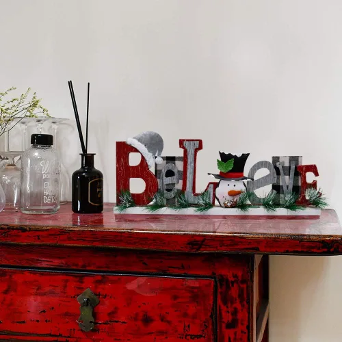 Vista 3 de Decoración de mesa de Navidad de madera, letrero decorativo de muñeco de nieve de madera, centros de mesa de Navidad, decoración de vacaciones