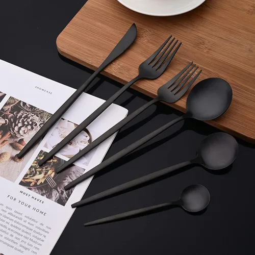 Vista 2 de JASHII Juego de cubiertos mate de 36 piezas con mango plano acabado satinado negro acero inoxidable cubiertos servicio para 6 para cocina casera