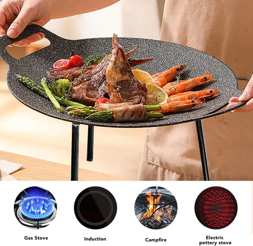 Vista 8 de Sartén coreana, sartén redonda antiadherente para barbacoa con asas dobles, conductividad térmica rápida, soporte estable, adecuada para estufa