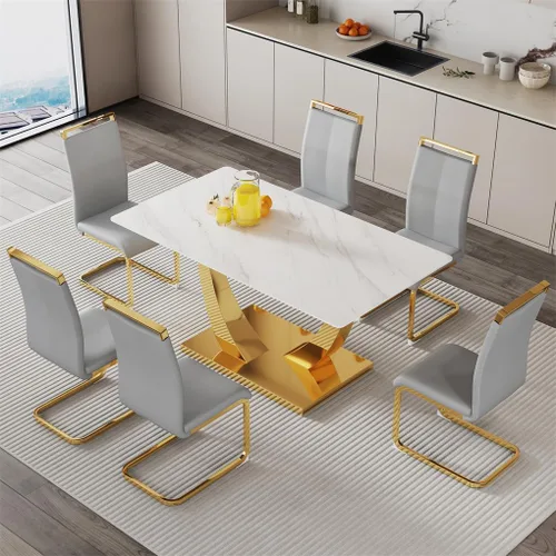 Vista 40 de Juego de mesa de comedor para 4, mesa de comedor de mármol sintético de 63 pulgadas con patas y base de acero inoxidable, sillas acolchadas