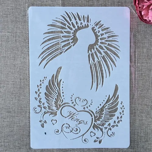 Vista 2 de TIAMECH Plantilla de alas reutilizables A4 para pintar, par de plantillas de capas de corazón de ala de ángel, arte de pared, muebles de madera