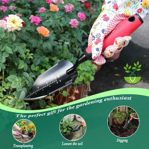 Vista 6 de Paleta de jardín resistente, pala de mano puntiaguda de acero inoxidable con mango de goma antideslizante, ideal para excavar, deshierbar