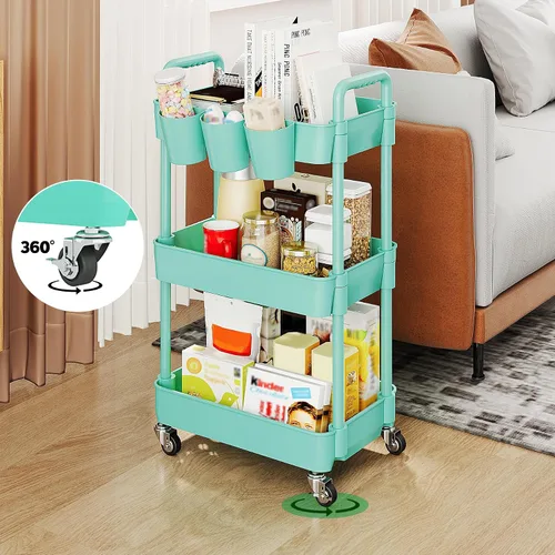 Vista 9 de UDEAR Carrito utilitario rodante de 3 niveles, estantes de almacenamiento multifuncionales con asa y ruedas con cerradura para habitación, oficina