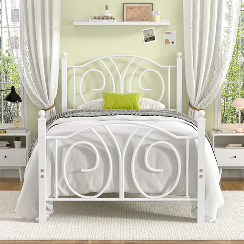 Vista 11 de VECELO - Marco de cama con dosel doble, cabecera vintage con voluta, color negro mate Twin canopy bed frame, Scrollwork metal headboard, Sturdy