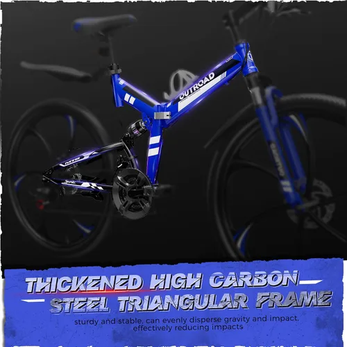 Vista 7 de Outroad - Bicicleta de montaña plegable de 26 pulgadas, 21 velocidades, suspensión completa, bicicleta MTB de acero de alto carbono plegable, freno
