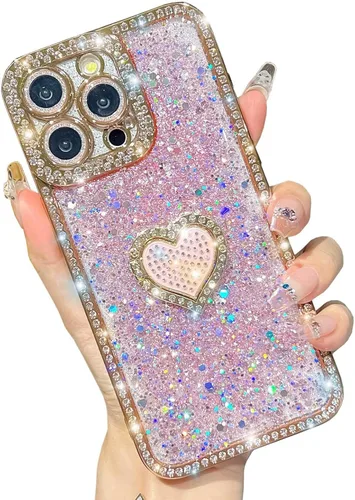 Vista 7 de Bling Glitter Heart compatible con iPhone 13 Pro de 6.1 pulgadas, bonito protector de cámara completo brillante para mujer, funda de teléfono Oro