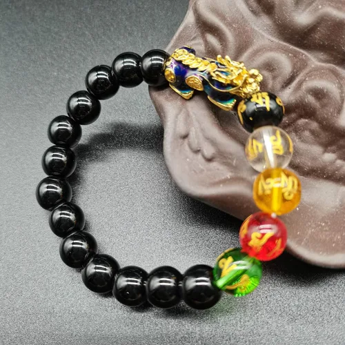 Vista 6 de Pulsera de cuentas de Feng Shui de 0.394 in de piedra natural, mantra, color cambiado, pulsera PixiuPi Yao, atrae riqueza y buena suerte