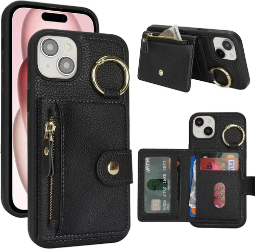 Vista 34 de Funda para iPhone 14 Plus con tarjetero, color negro Funda con cremallera y ranura para mujer y hombre