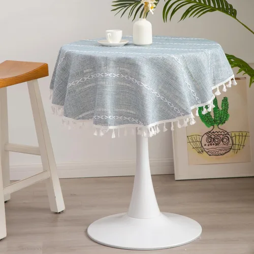Vista 13 de Mantel Redondo Pequeño de Lino Rústico para Mesita de Noche con Rayas Bordadas Lavable Azul Cubierta de Mesa Estilo Granja con Puntadas y Borlas