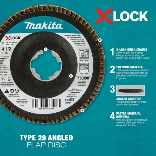 Vista 4 de Makita T-03903-3 X-Lock 4‑1/2" 60 Grit Type 29 Disco de pulido y pulido en ángulo X-Lock y todas las amoladoras de eje de 7/8", paquete de 3