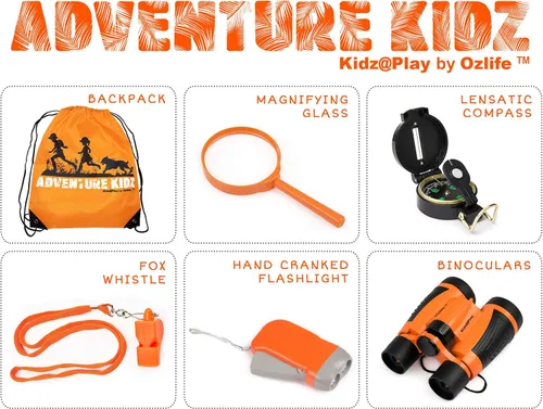 Vista 2 de Adventure Kidz - Kit de exploración al aire libre, binoculares con estuche, linterna, brújula, silbato, lupa, mochila, paquete (21 artículos)