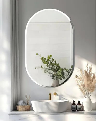 Vista 10 de Espejo de pared ovalado sin marco: Espejo decorativo elíptico de vidrio espejado para tocador con borde plateado biselado para baño, dormitorio