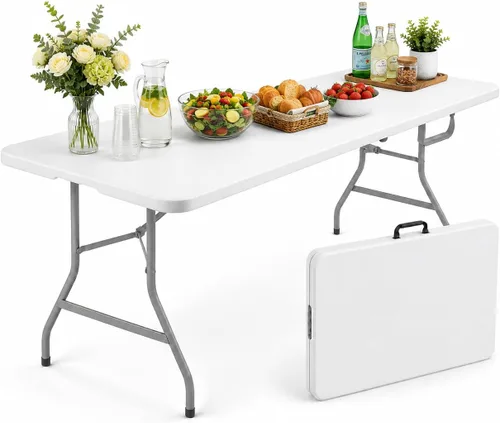 Vista 9 de Mesa plegable de 4 pies, mesa de plástico portátil de 3 niveles de altura ajustable con asa de transporte, mesa de campamento plegable