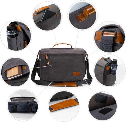 Vista 5 de ESTARER Bolsa de mensajero para laptop de 13 a 14 pulgadas, resistente al agua, bolsa de hombro de lona para universidad de negocios, gris