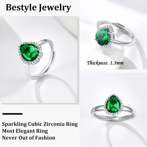 Vista 2 de 925 Sterling Silver Birthstone Rings for Women Girls with Clear 2ct HeartRoundTeardropSquare Crystal, Solitaire Diamond Halo Open Bands Cubic