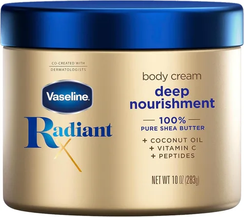 Vista 9 de Crema corporal Vaseline Radiant X Nutrición profunda con manteca de karité 100% pura, aceite de coco, vitamina C y péptidos 10 oz