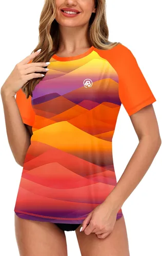 Vista 58 de AOBUTE Camisetas de natación de manga corta para mujer con protección solar degradada