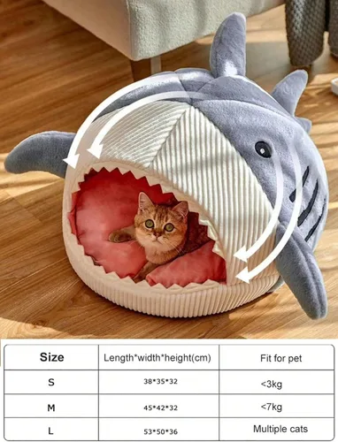 Vista 6 de QWINEE Cama para Gatos en Forma de Tiburón, Cama para Gatitos, Casa de Escondite, Cálida, Suave, Cómoda, Semicerrada, Azul, Tamaño S