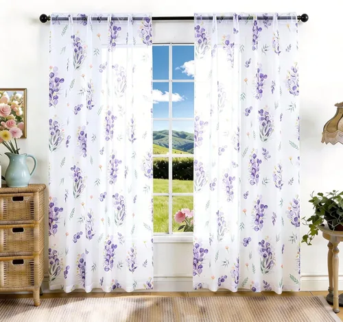 Vista 18 de youleyar Cortinas traslúcidas florales para sala de estar, 2 paneles de 54 pulgadas de largo, cortinas semitransparentes blancas con estampado