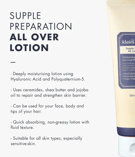 Vista 2 de DearKlairs Supple Preparation - Loción completa, hidratante facial y corporal diaria, para pieles sensibles, sin aceites esenciales, sin fragancia