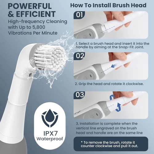 Vista 5 de LifeBasis - Cepillo de limpieza recargable inalámbrico, color blanco Water-resistant Compact Scrubber with 5 Replaceable Brush Heads for Grout