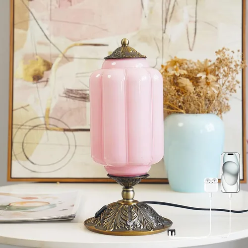 Vista 10 de Lámpara de mesa vintage de vidrio de leche con control táctil, elegante lámpara de noche de vidrio blanco regulable de 3 vías con puertos de carga