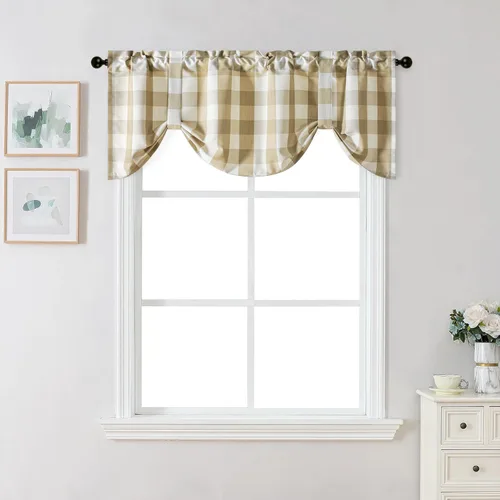Vista 41 de VOGOL Cenefa de cuadros marrón con textura de lino para dormitorio, sala de estar, diseño de bolsillo para barra, fácil de colgar, 52 x 12 pulgadas