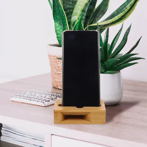 Vista 4 de Soporte de madera de bambú para teléfono con amplificador de sonido, soporte universal de escritorio para ver videos y llamadas, compacto, 3.9 x 2.4