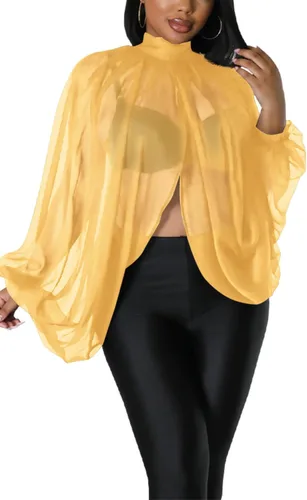 Vista 13 de Tops Sexys para Mujer Fiesta Club Noche con Mangas de Murciélago de Gasa Transparente con Lazo Trasero en la Parte Frontal Camisas de Mujer Casuales