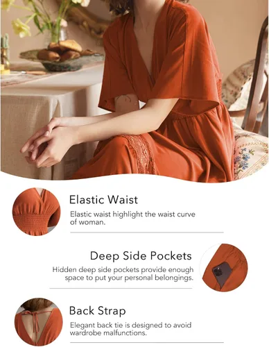 Vista 5 de Vestido largo de encaje para mujer de manga corta y cuello en V, vestido de fiesta estilo bohemio con cintura fruncida, vestido bohemio para mujer