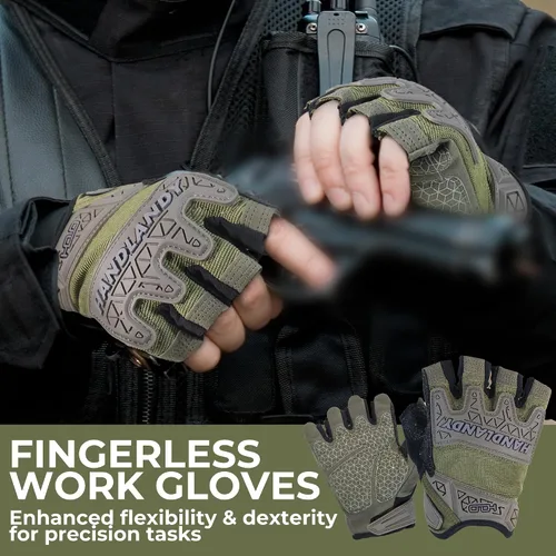 Vista 4 de HANDLANDY Guantes tácticos de impacto sin dedos para hombre, guantes de trabajo con agarre acolchado de medio dedo, guantes de conductor de Verde